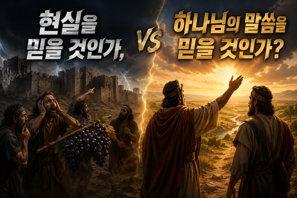 현실을 믿을 것인가 하나님의 말씀을 믿을 것인가를 대비한 이미지